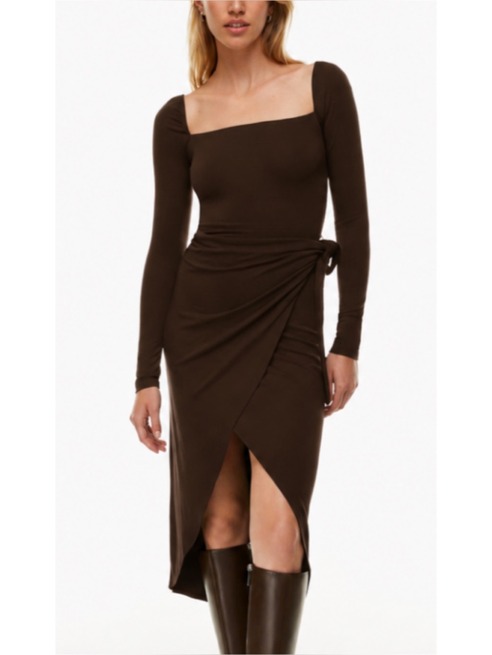 NWT Wilfred Aritzia Saturn Long Sleeve Midi Dress in Mocha Chocolate Brown